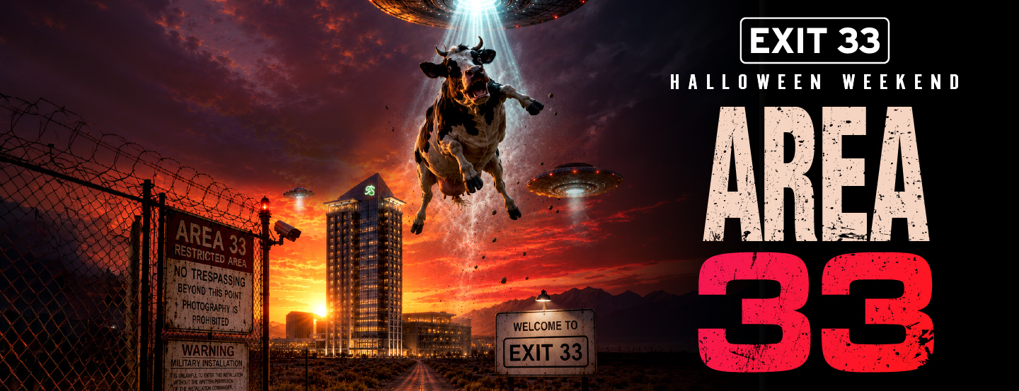 A Cow getting beamed up by a UFO in front of Turning Stone Resort Casino. Overlayed text reads "Exit 33 Halloween Weekend: Area 33"