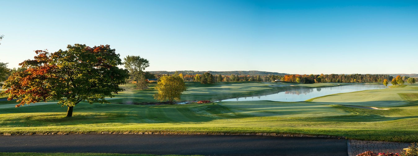 Panoramic view of an award winning golf course in the early morning sun at Turning Stone Resort Casino