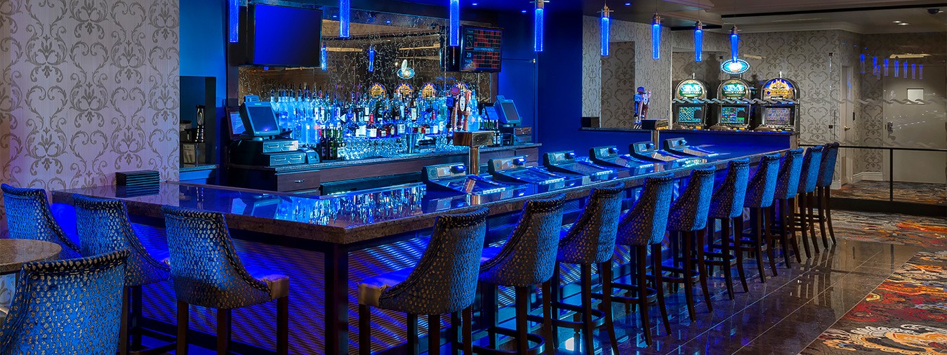 The bar at Bar Blu illuminated blue