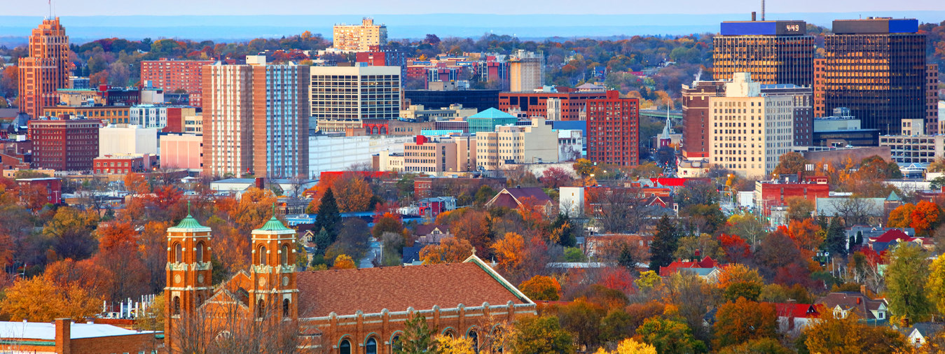 Syracuse, NY business district skyline at sunset 