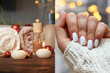spa accessories, candles and white nail polish manicure
