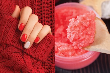 spa accessories, candles and red nail polish manicure
