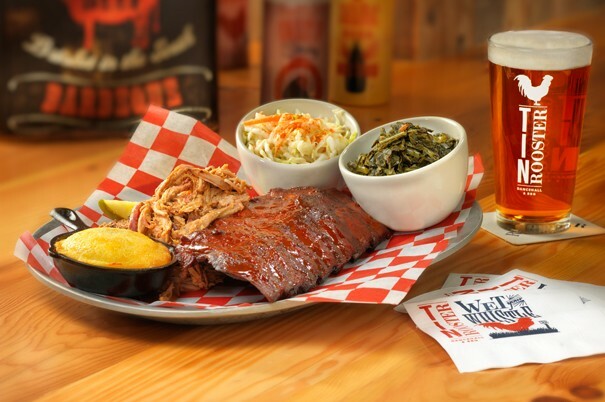 Tin Rooster dinner platter with beer