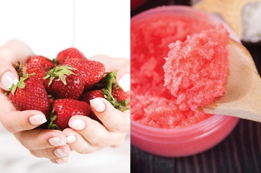 handful of strawberries and strawberry scrub