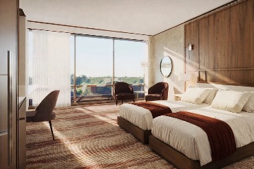 Digital rendering of a Deluxe Room with Two Queen Beds