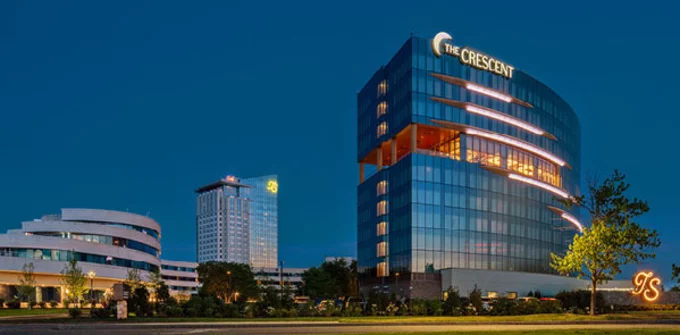 Exterior shot of The Crescent Hotel at night