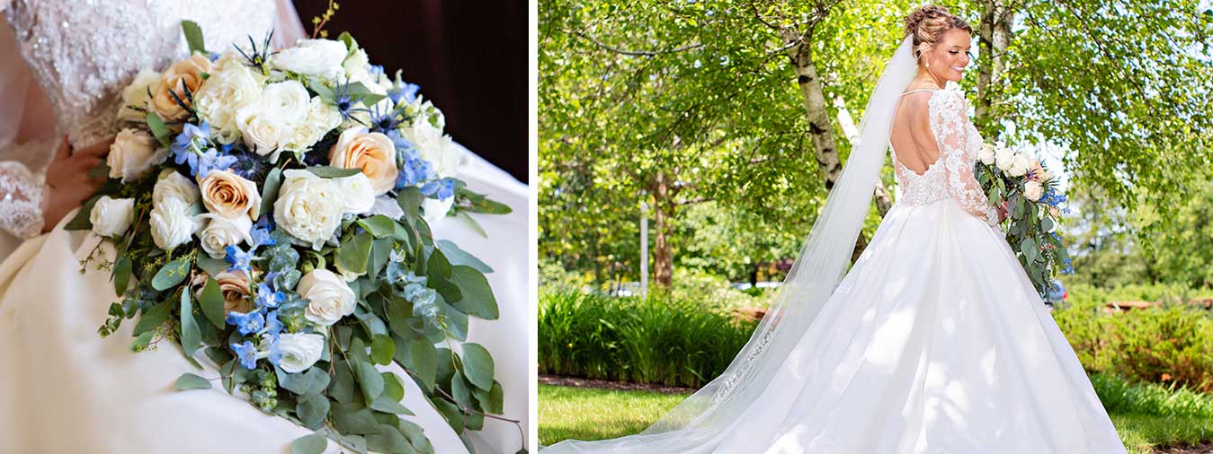 Glowing bride in white gown smiles while holding bouquetof blue and white flowers