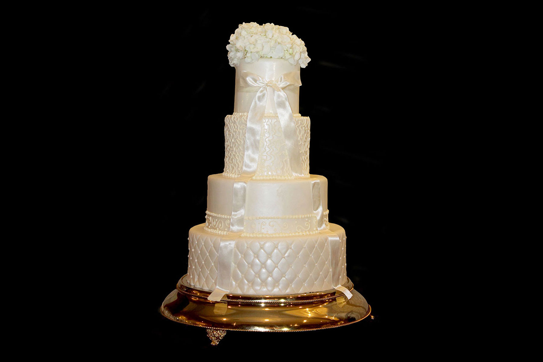 White wedding cakes on gold tray