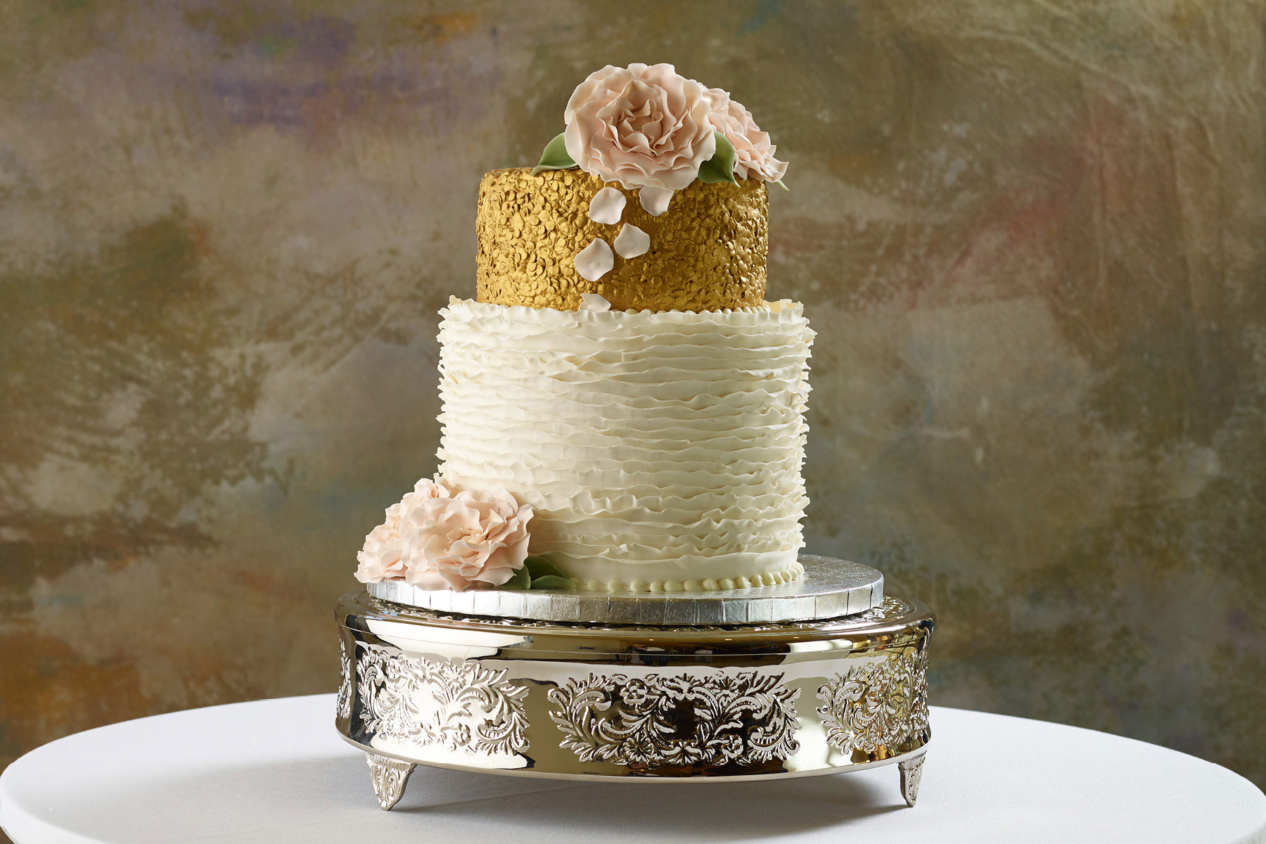 white and gold Wedding Cakes with pink flower fondant