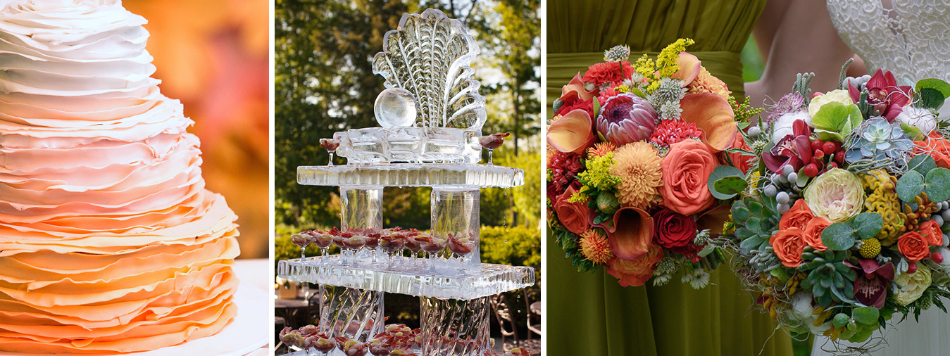 Wedding cake, ornate ice sculpture, and bouquet of flowers