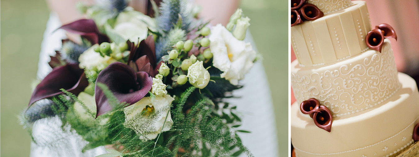 Natural bouquet of flowers and close up of ornate wedding decoration