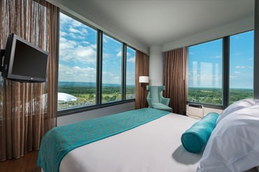 View from a Junior Suite room in The Tower at Turning Stone overlooking central new york's rolling hills