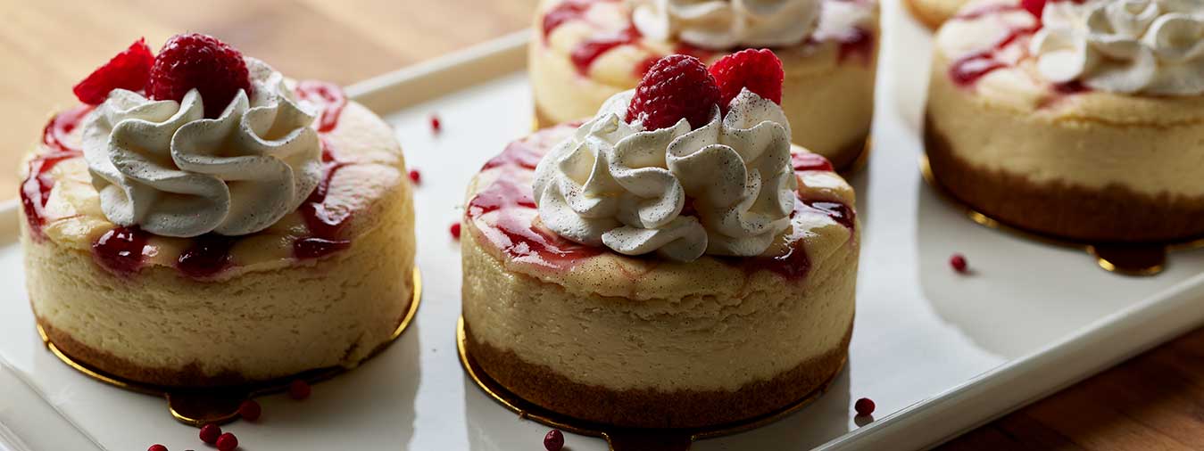 Cheesecake topped with whipped cream, raspberry drizzle, and fresh raspberries